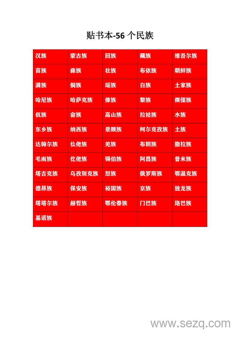 一年级,二年级上册语文56个民族（贴书本用） - 文档资源第1张