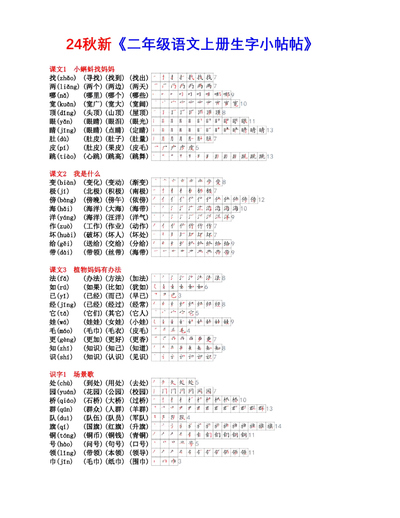 2024年秋季新版二年级上册语文生字组词笔顺课课帖（5页） - 少儿专区