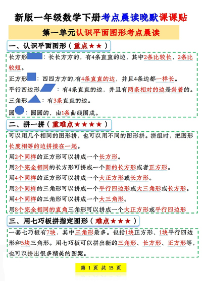 新版一年级下册数学考点晨读晚默课课贴(15页) - 少儿专区