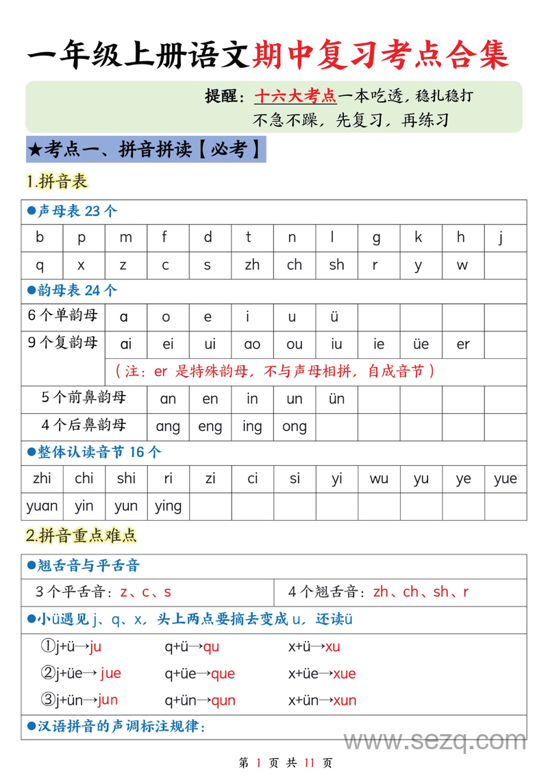 2025年新版一年级上册语文期中复习考点合集（十六大考点） - 文档资源第1张