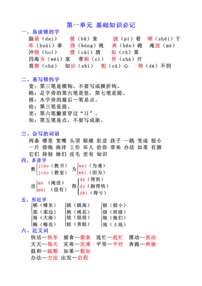 二年级上册语文全册知识点汇总（1-8单元）（16页） - 少儿专区