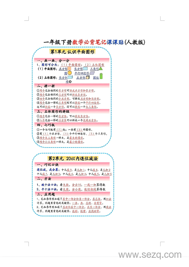 2025年一年级下册数学必背笔记课课贴(人教版) - 文档资源第1张