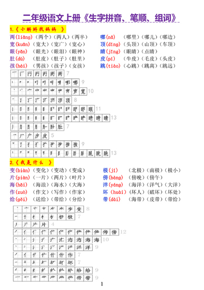 二年级上册语文生字拼音笔顺组词（14页） - 少儿专区