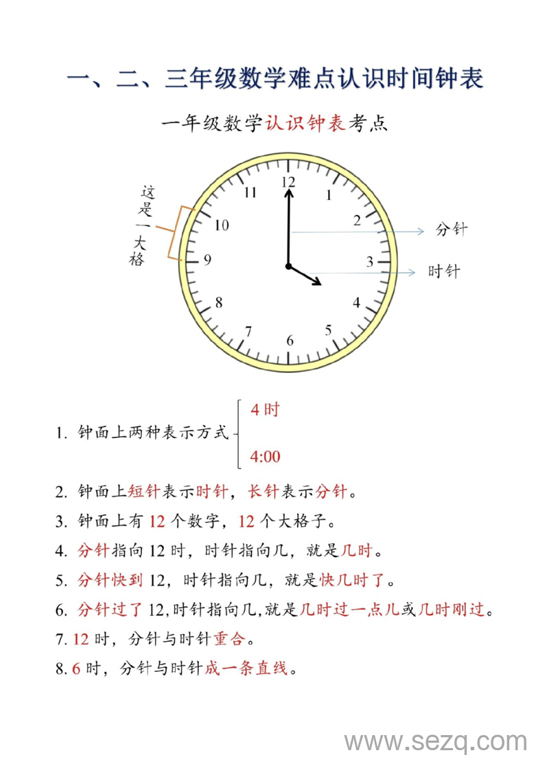 一年级,二年级,三年级上册数学认识时间钟表难点考点突破 - 文档资源第1张