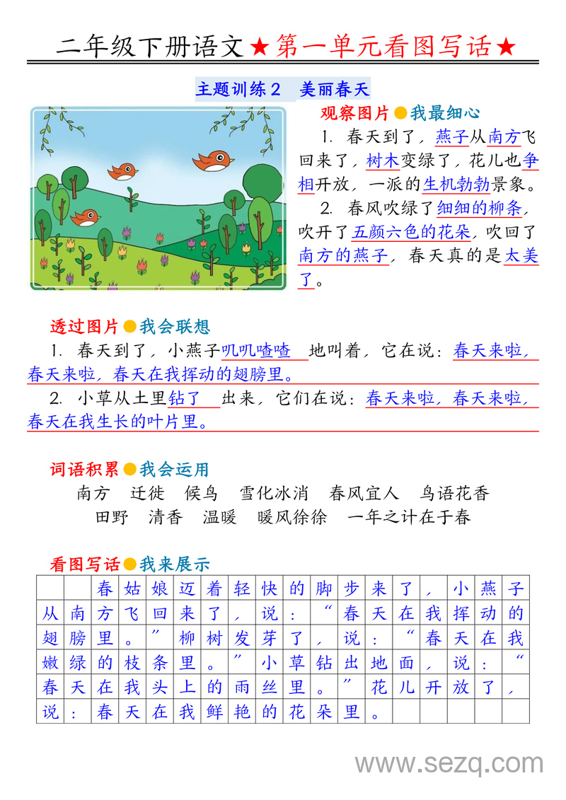 二年级下册语文1-8单元看图写话主题训练范文 - 文档资源第2张