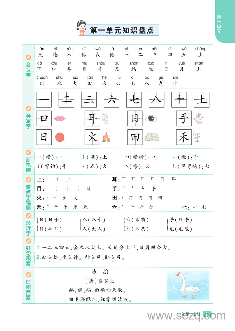 2024年秋季一年级上册语文1-8单元知识盘点 - 文档资源第1张