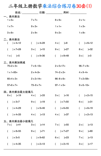 二年级上册数学乘法综合练习卷30套（含表内乘法口算、乘加乘减、最大填几、最小填几）（30页） - 少儿专区