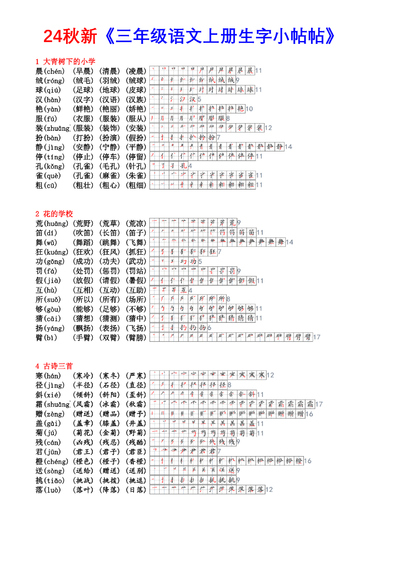 2024年新版三年级上册语文生字小帖帖（生字拼音笔顺组词课课贴）（7页） - 少儿专区