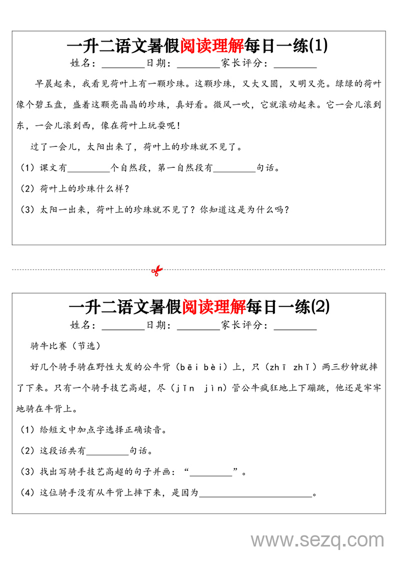 一升二语文暑假阅读理解每日一练32天（无答案） - 文档资源第1张