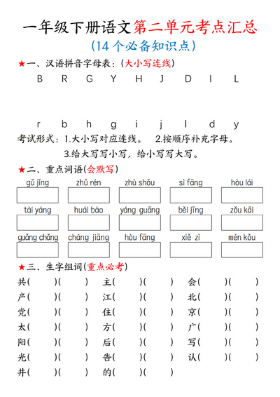 新版一年级下册语文第二单元考点汇总（14个必备知识点）（8页） - 少儿专区