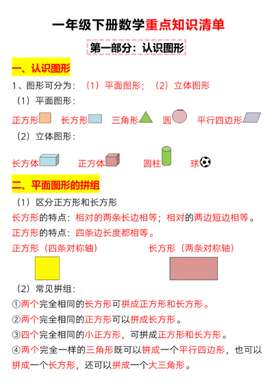 一年级下册数学重点知识清单(含练习)(24页) - 少儿专区