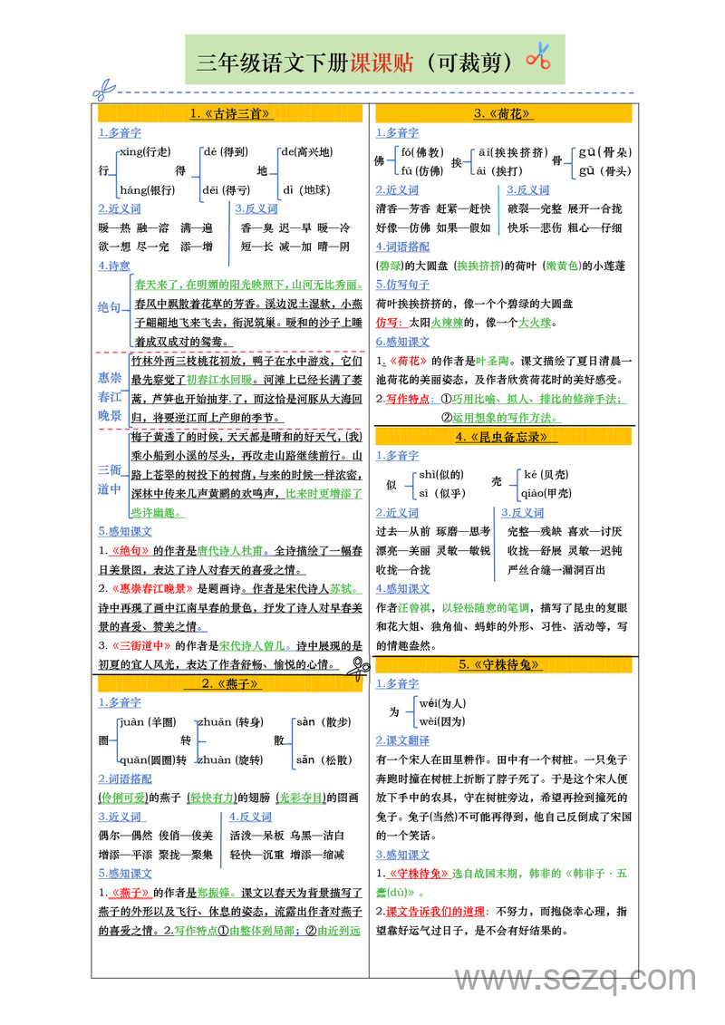 三年级下册语文全册课课贴（彩色版1-28课可裁剪） - 文档资源第1张