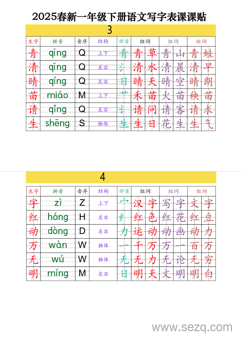 2025年春新版一年级下册语文写字表课课贴（高清版） - 文档资源第2张