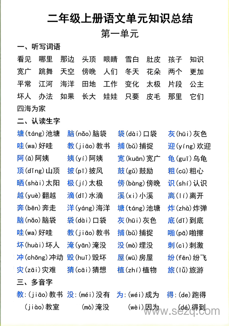 二年级上册语文第一单元知识总结 - 文档资源第1张