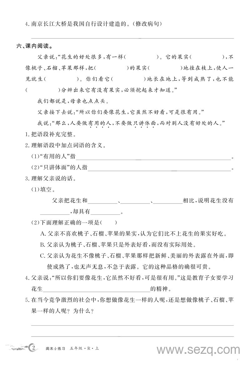 五年级上册语文全册基础练习每周小练（含答案） - 文档资源第2张