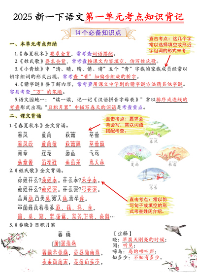 2025年一年级下册语文1-8单元考点知识背记重点（32页） - 少儿专区