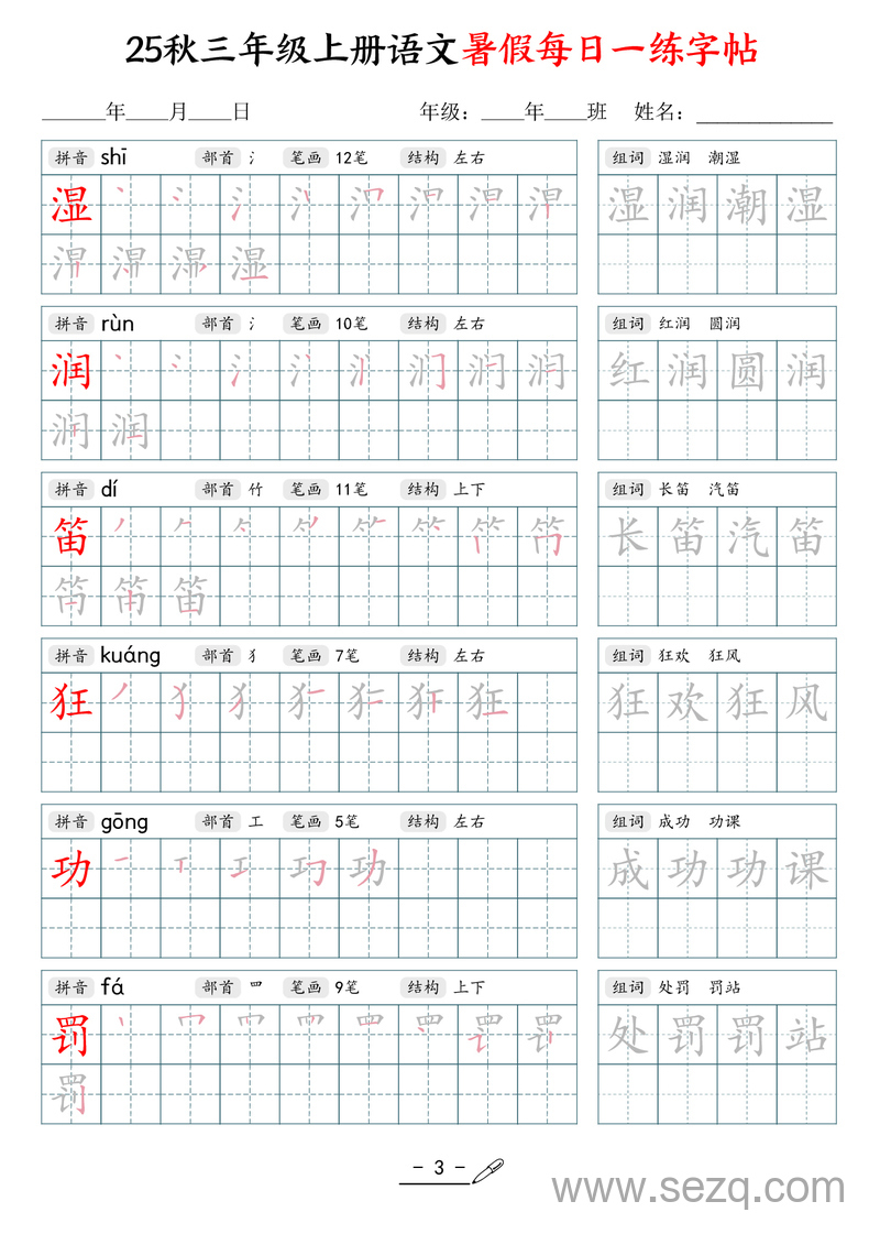 2025年秋季三年级上册语文暑假每日一练同步字帖 - 文档资源第3张