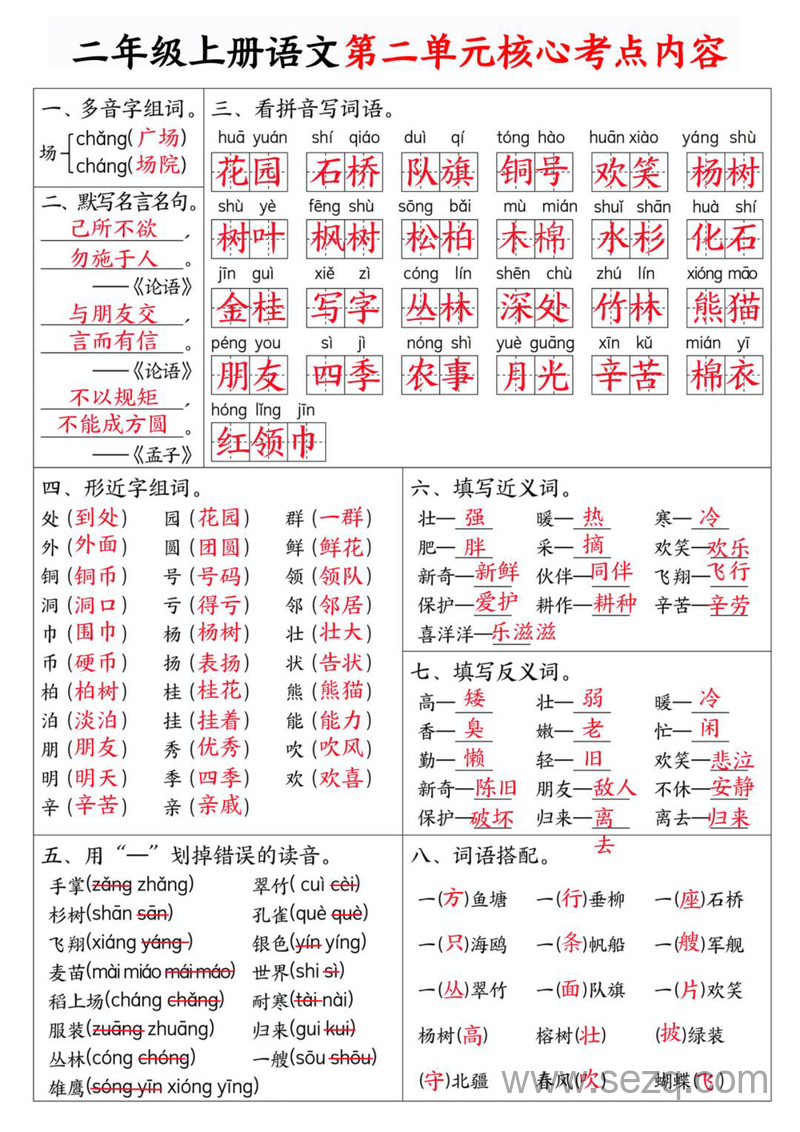 二年级上册语文1-4单元核心考点 - 文档资源第2张