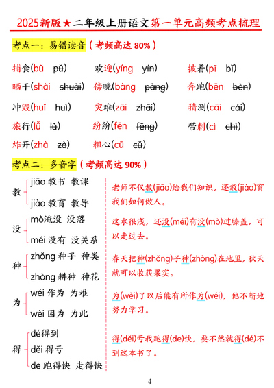 2025年秋季二年级上册语文1-2单元高频考点梳理（14页） - 少儿专区
