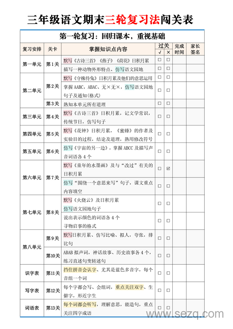 三年级下册语文期末三轮复习法闯关表 - 文档资源第1张