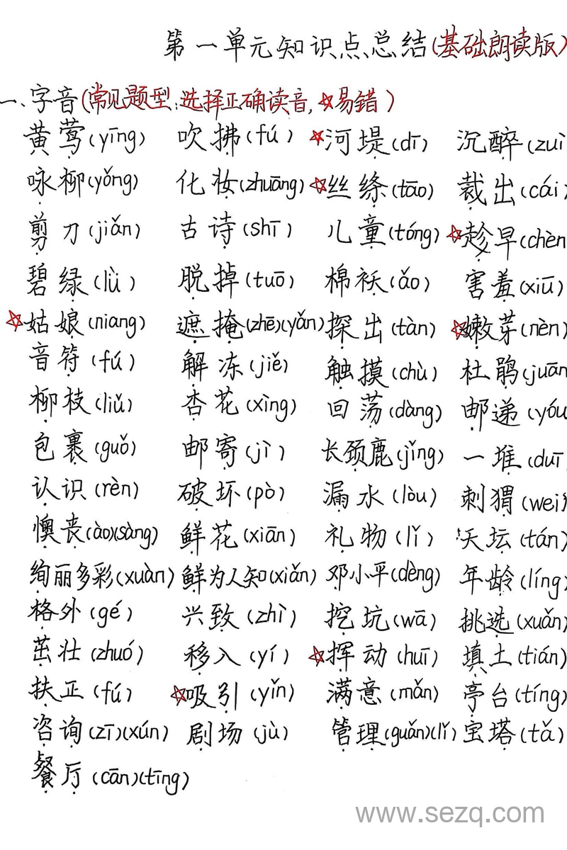 2025年春季二年级下册语文1-8单元基础知识梳理完整版（手写） - 文档资源第1张