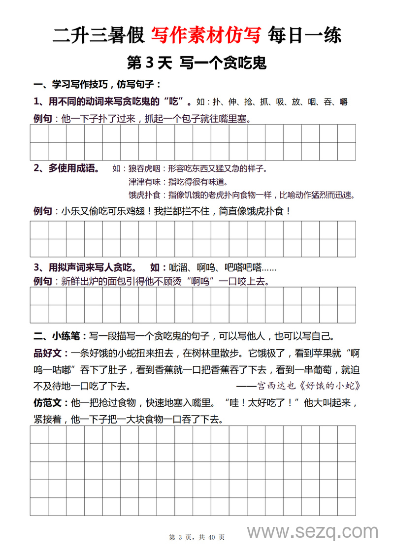 二升三暑假语文写作素材仿写每日一练40天 - 文档资源第3张