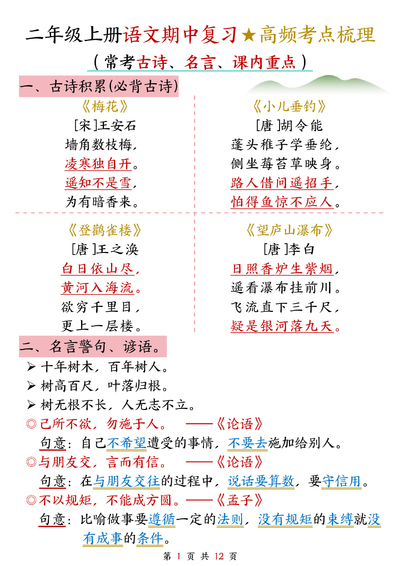 二年级上册语文期中复习高频考点梳理（常考古诗名言课内重点）（12页） - 少儿专区