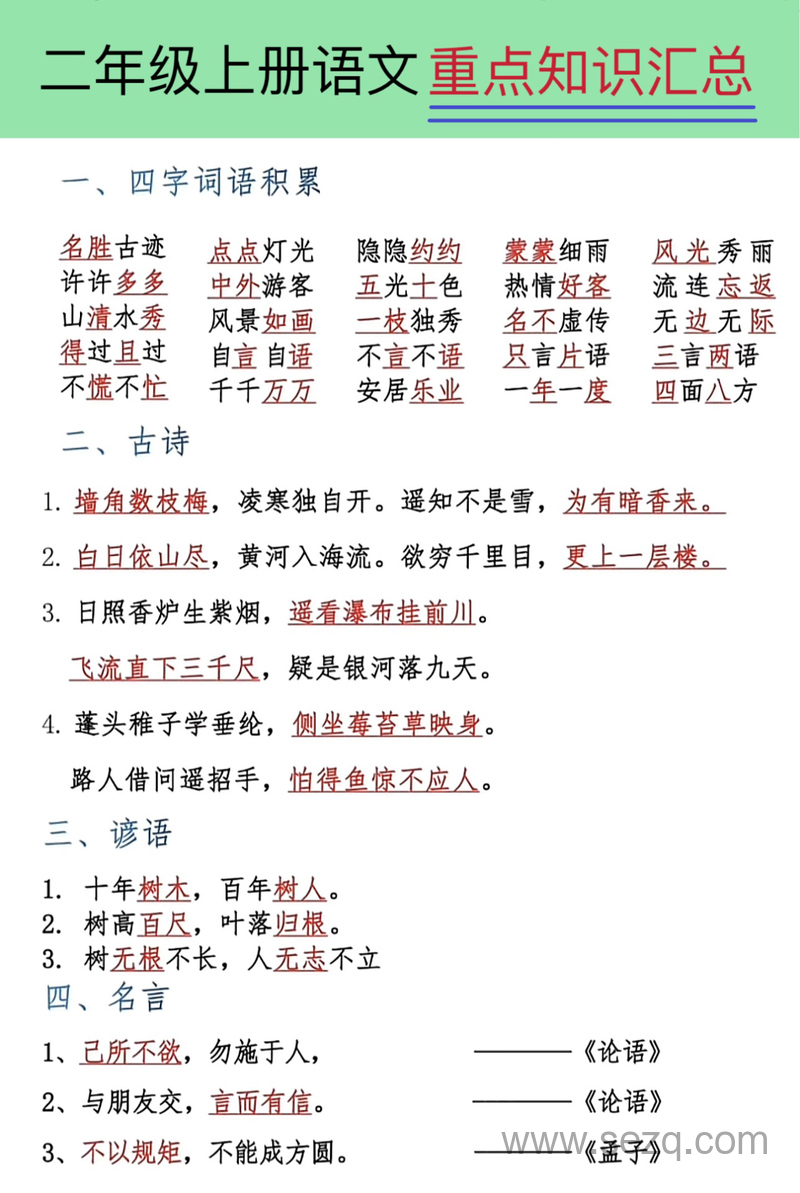 二年级上册语文重点知识汇总 - 文档资源第1张