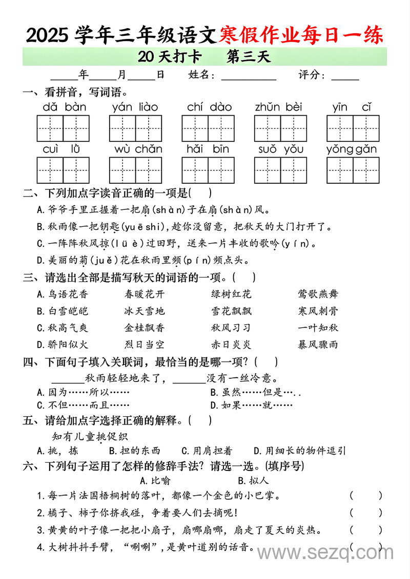 2025学年三年级语文寒假作业每日一练20天打卡 - 文档资源第3张