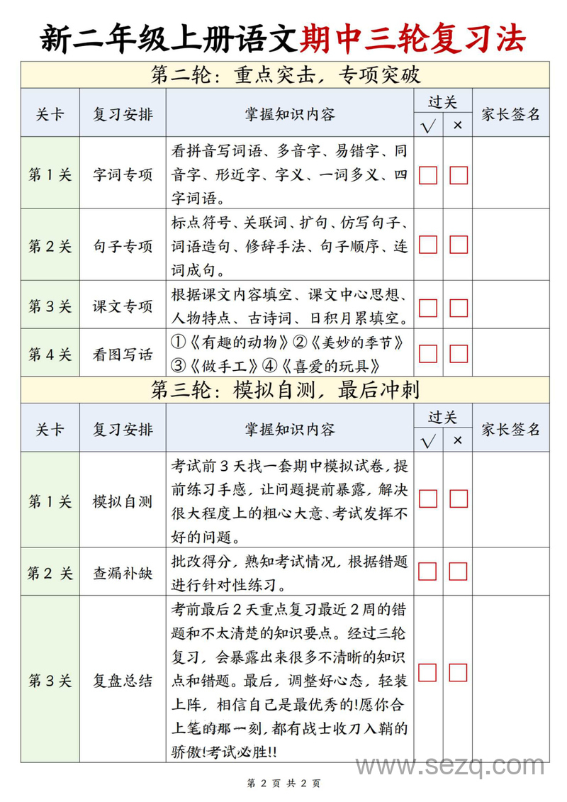 2025年秋季二年级上册语文期中三轮复习重点安排计划表 - 文档资源第2张