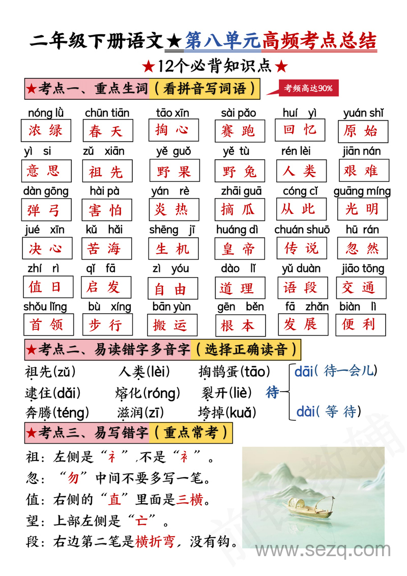 二年级下册语文第八单元高频考点总结 - 文档资源第1张