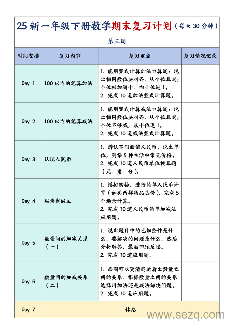 2025年新版一年级下册数学期末复习计划（每天30分钟） - 文档资源第3张