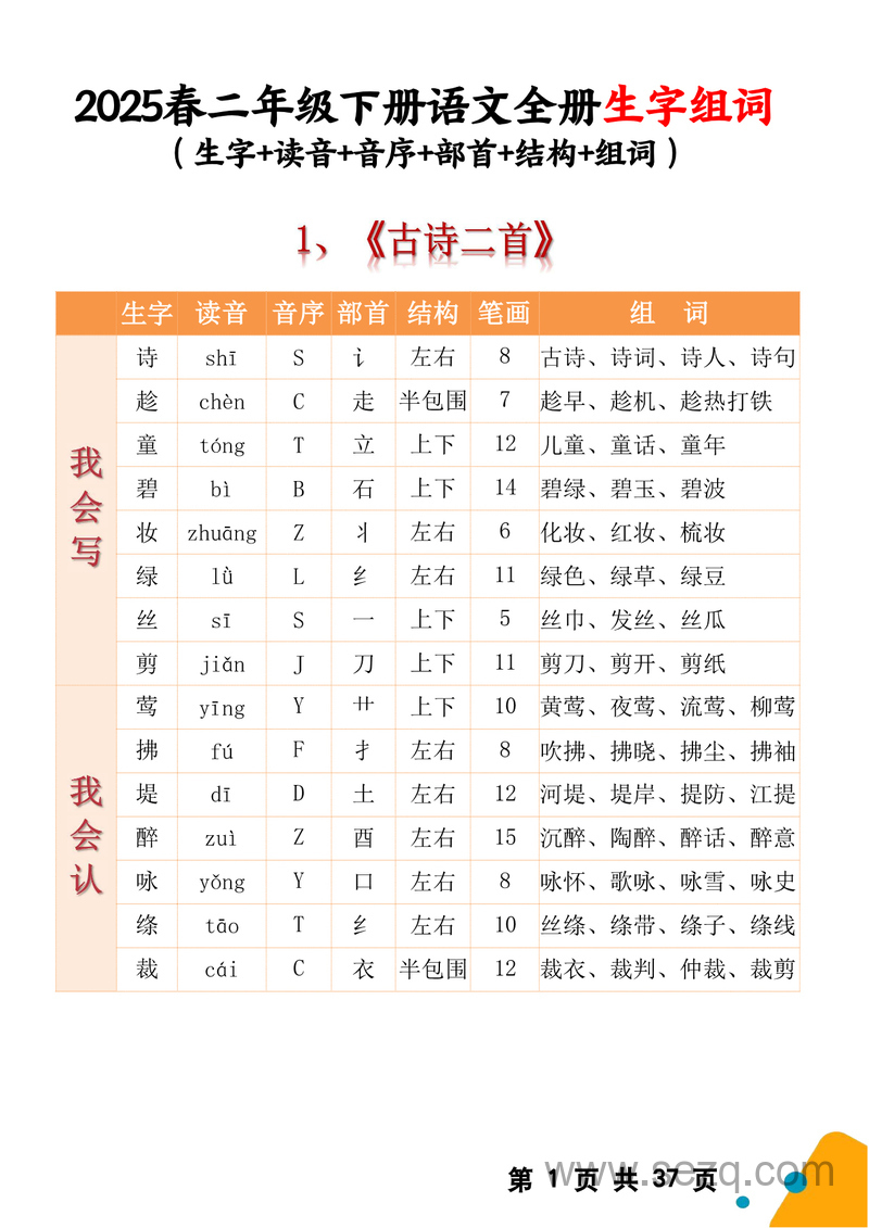 2025年二年级下册语文全册生字组词（含一类字二类字及拼音音序结构部首） - 文档资源第1张
