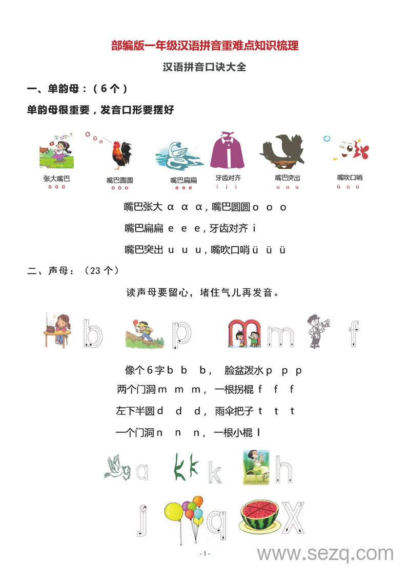 一年级上册语文汉语拼音重难点知识梳理（含口诀大全） - 文档资源第1张