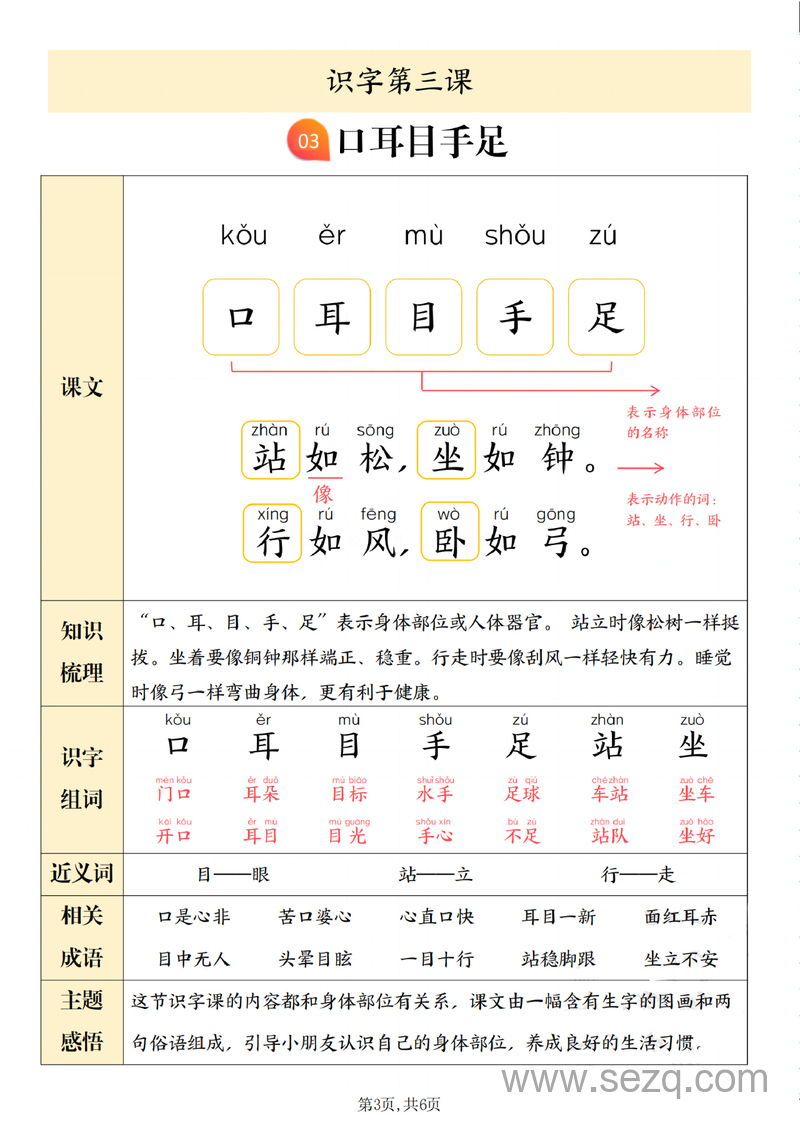 2024年秋季新版一年级上册语文第一单元识字考点梳理 - 文档资源第3张