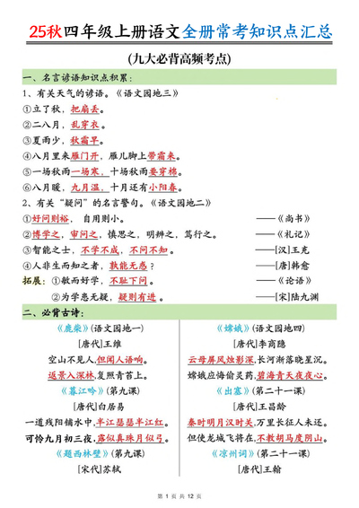 2025年四年级上册语文全册常考知识点汇总（12页） - 少儿专区