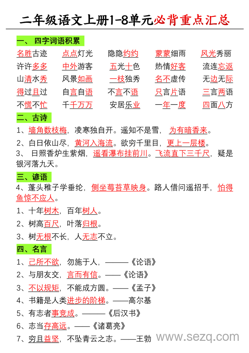 二年级上册语文1-8单元重点知识汇总（必备） - 文档资源第1张