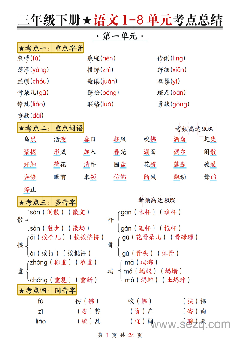三年级下册语文1-8单元考点总结 - 文档资源第1张