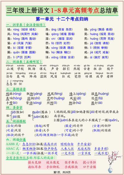 2025年新版三年级上册语文1-8单元高频考点总结单（26页） - 少儿专区
