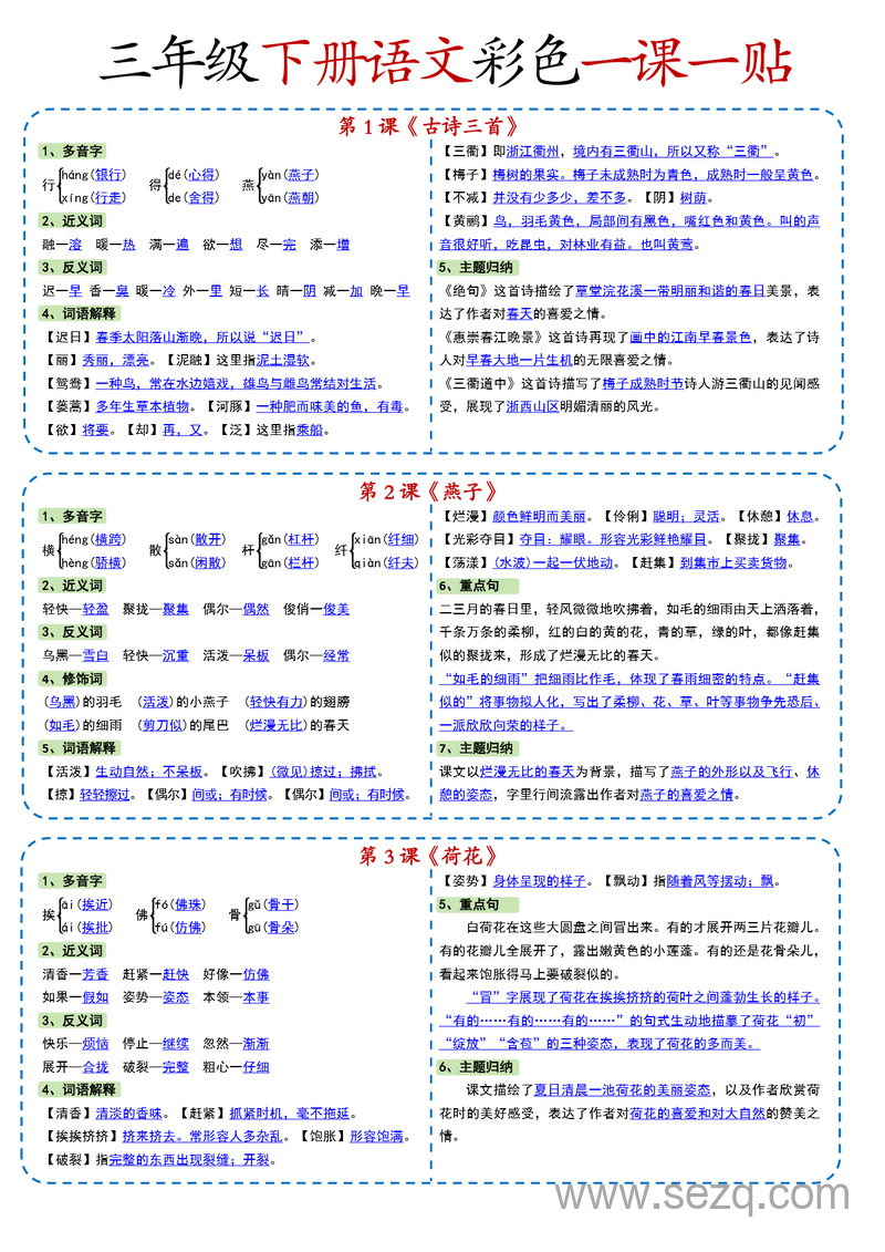 新版三年级下册语文课内重点课课贴 - 文档资源第1张