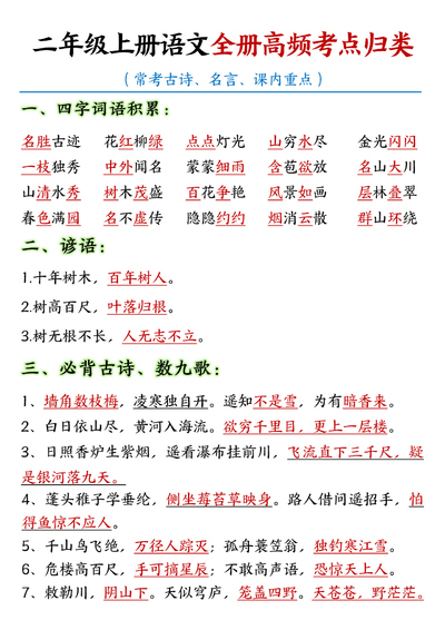 二年级上册语文全册高频考点归类（常考古诗、名言、课内重点）（27页） - 少儿专区