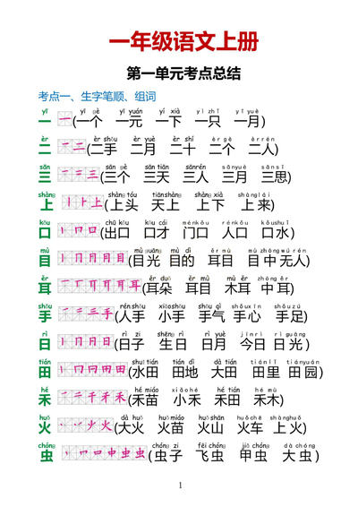 一年级上册语文1-8单元考点总结（38页） - 少儿专区