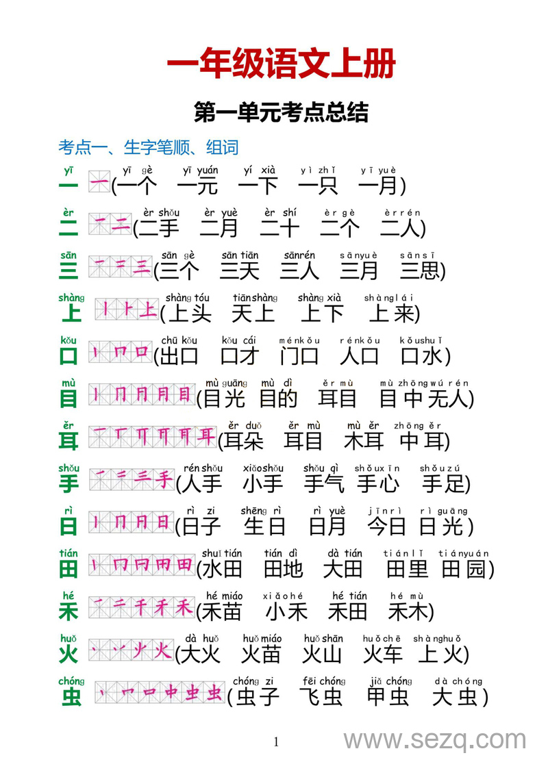 一年级上册语文1-8单元考点总结 - 文档资源第1张