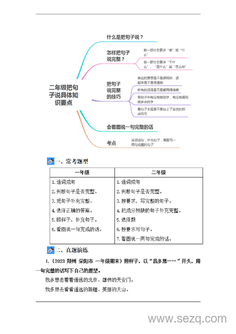 2024年一升二语文暑假衔接课：把句子说完整（讲义和试题） - 文档资源第3张