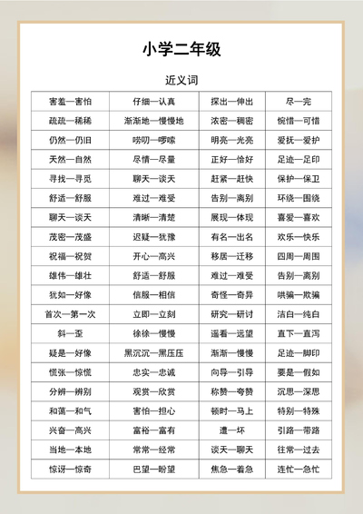 二年级上下册语文近义词反义词汇总（3页） - 少儿专区
