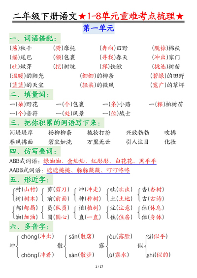 2025年二年级下册语文1-8单元重难考点梳理（17页） - 少儿专区