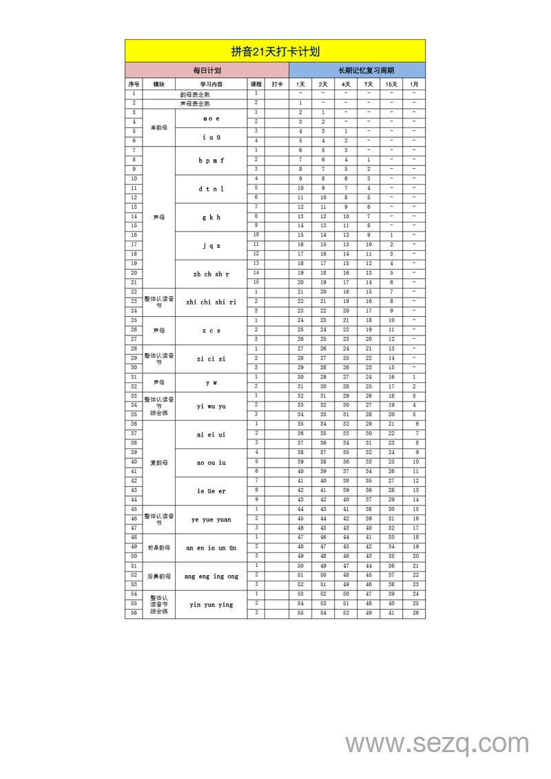 幼小衔接一年级语文拼音21天打卡计划（长期记忆复习周期） - 文档资源第1张