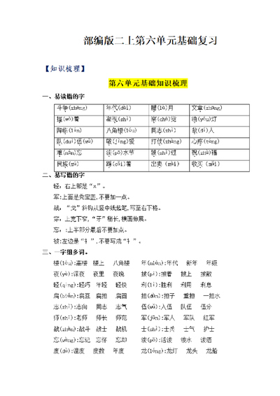 二年级上册语文第六单元基础复习（28页） - 少儿专区