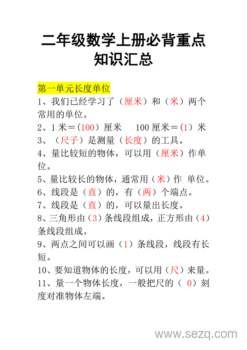 二年级上册数学必背重点知识汇总 - 文档资源第1张