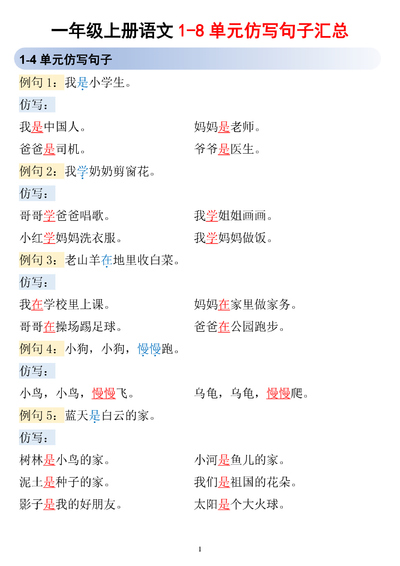 2025年一年级上册语文仿写句子1-8单元汇总（5页） - 少儿专区